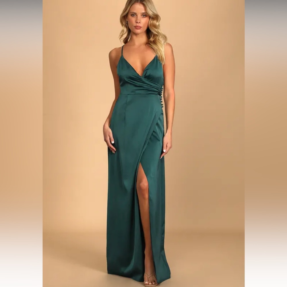 Lulus outstanding elegance teal green satin surplice maxi dress